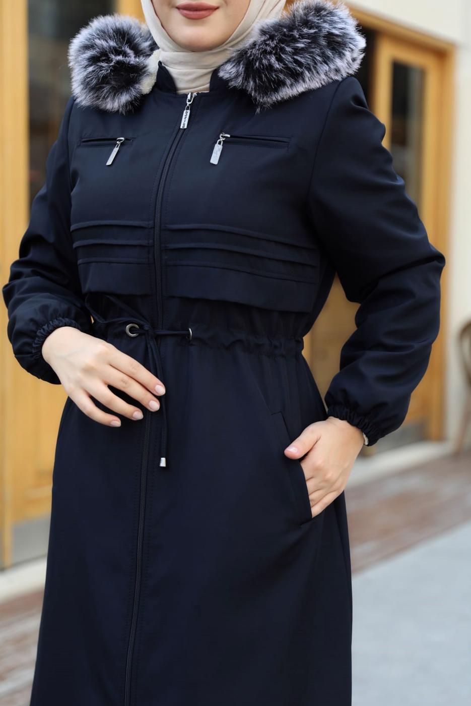 Hijab clothing NAVY BLUE SMOCKING WAIST HOODED COAT 0267
