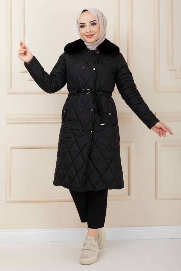 Hijab clothing  FURRY COLLAR QUILTED PUFFER COAT 0321 - TRENDTESETTÜR