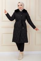 Hijab clothing BLACK FURRY COLLAR QUILTED PUFFER COAT 0321