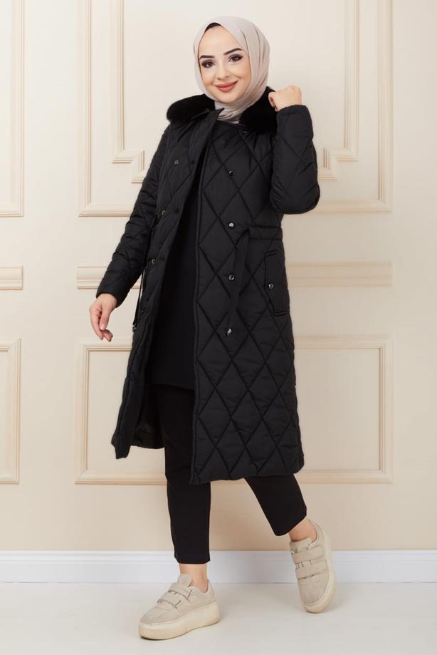 Hijab clothing  FURRY COLLAR QUILTED PUFFER COAT 0321 - TRENDTESETTÜR