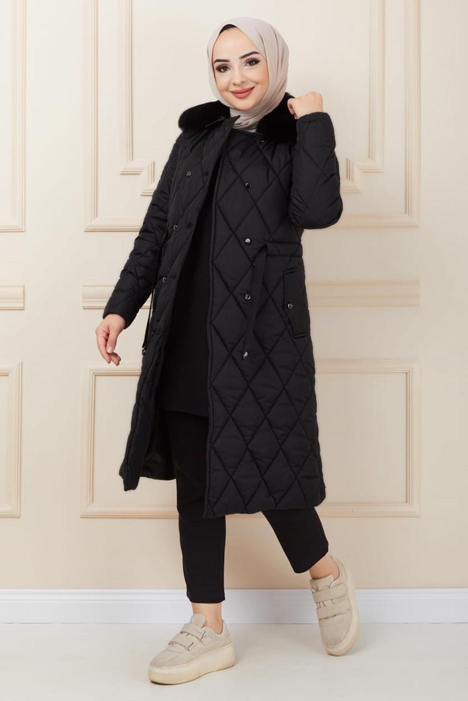 Hijab clothing BLACK FURRY COLLAR QUILTED PUFFER COAT 0321