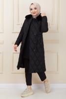 Hijab clothing BLACK FURRY COLLAR QUILTED PUFFER COAT 0321