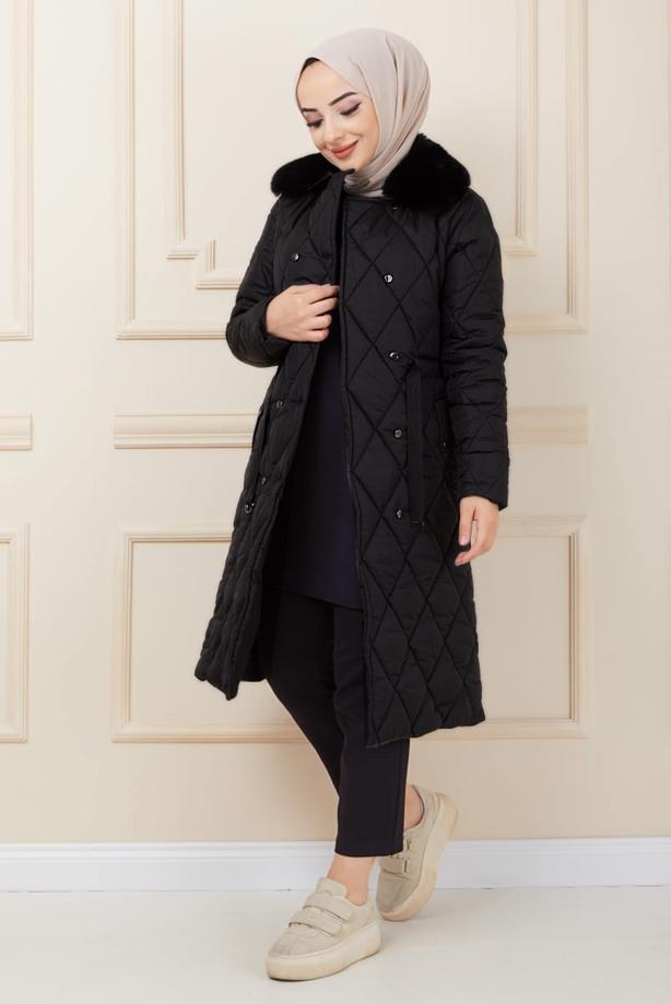 Hijab clothing  FURRY COLLAR QUILTED PUFFER COAT 0321 - TRENDTESETTÜR