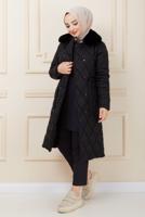 Hijab clothing BLACK FURRY COLLAR QUILTED PUFFER COAT 0321