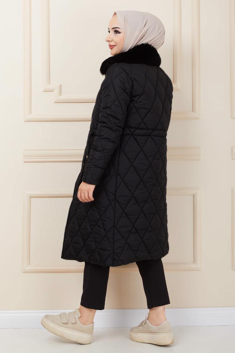 Hijab clothing BLACK FURRY COLLAR QUILTED PUFFER COAT 0321
