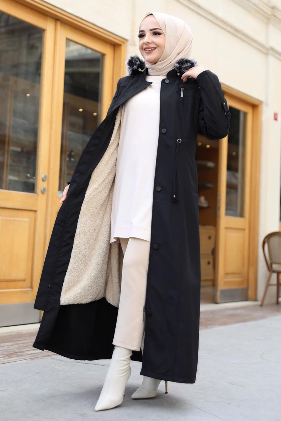 Tesettür giyim SİYAH KOLU DÜĞME DETAYLI KABAN T 0377