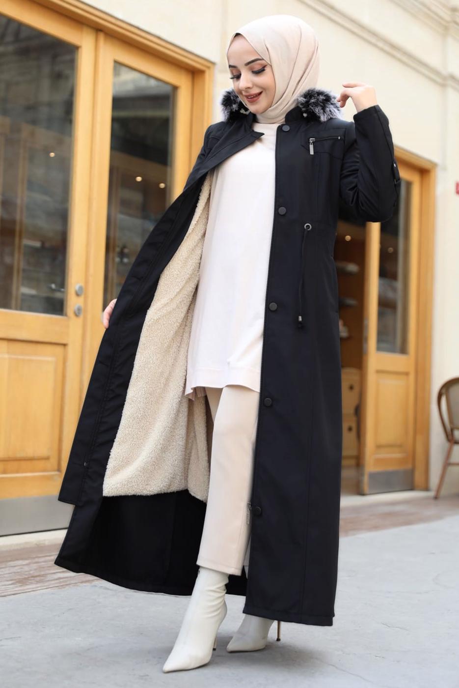 Tesettür giyim SİYAH KOLU DÜĞME DETAYLI KABAN T 0377