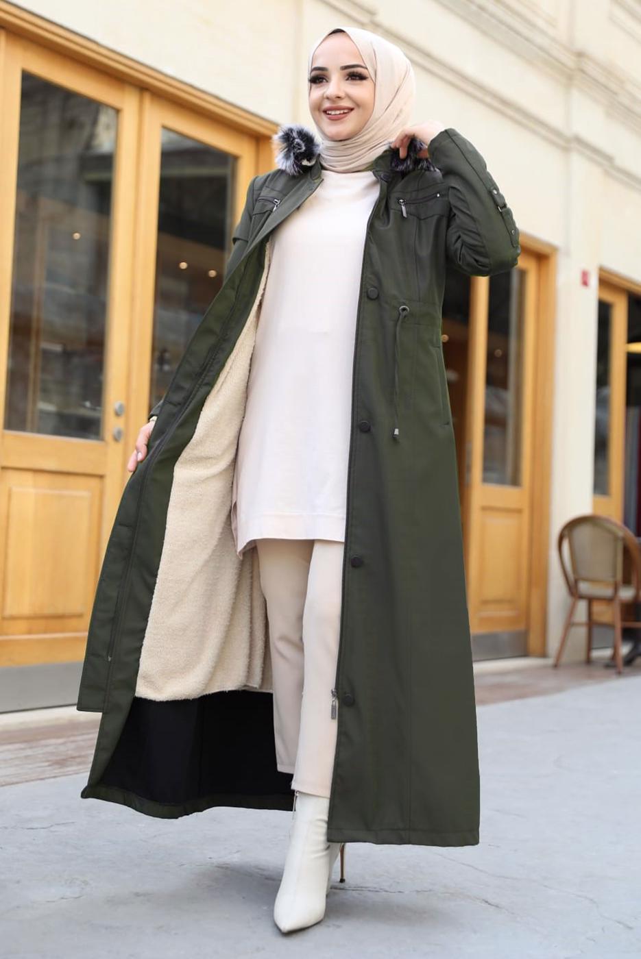 Tesettür giyim HAKİ KOLU DÜĞME DETAYLI KABAN T 0377