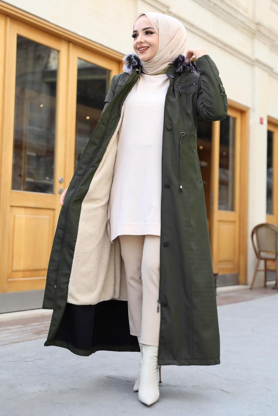 Tesettür giyim HAKİ KOLU DÜĞME DETAYLI KABAN T 0377