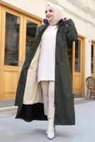 Tesettür giyim HAKİ KOLU DÜĞME DETAYLI KABAN T 0377