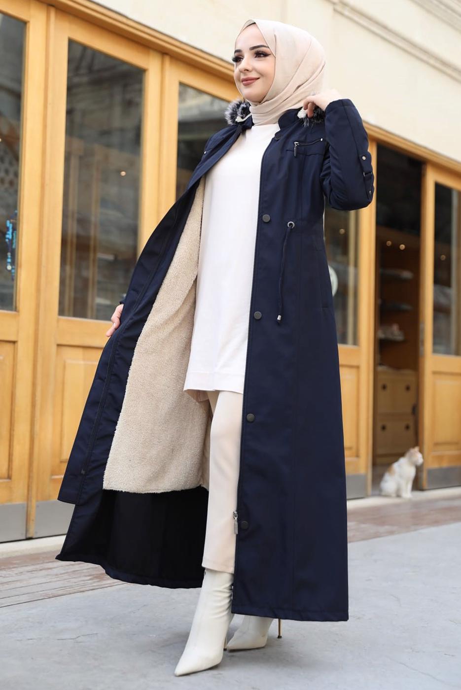 Tesettür giyim LACİVERT KOLU DÜĞME DETAYLI KABAN T 0377