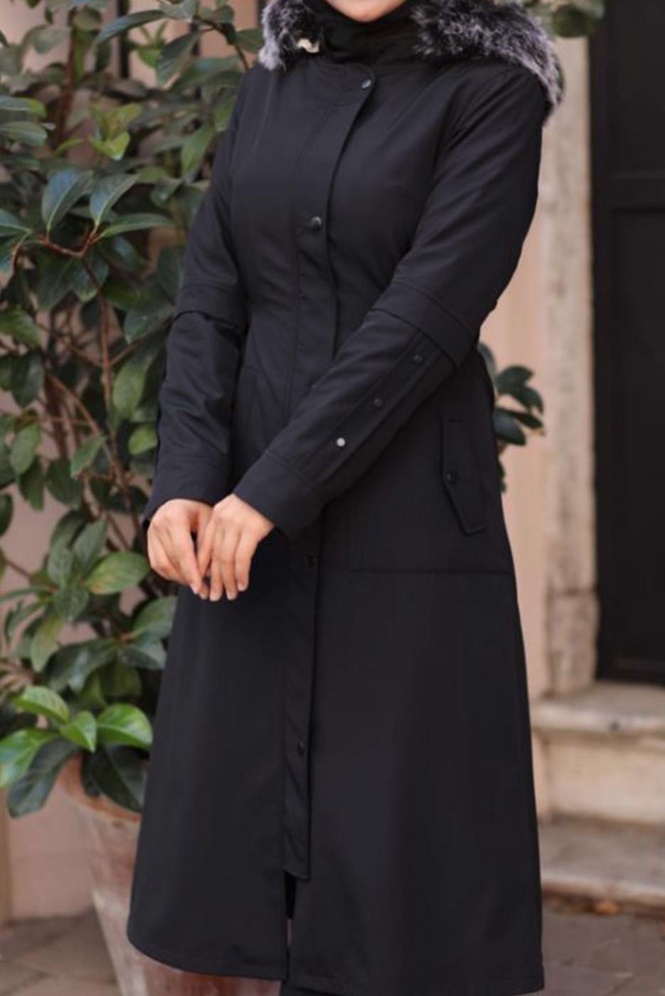 Tesettür giyim SİYAH FERMUARLI KAPÜŞONLU KABAN 0383 