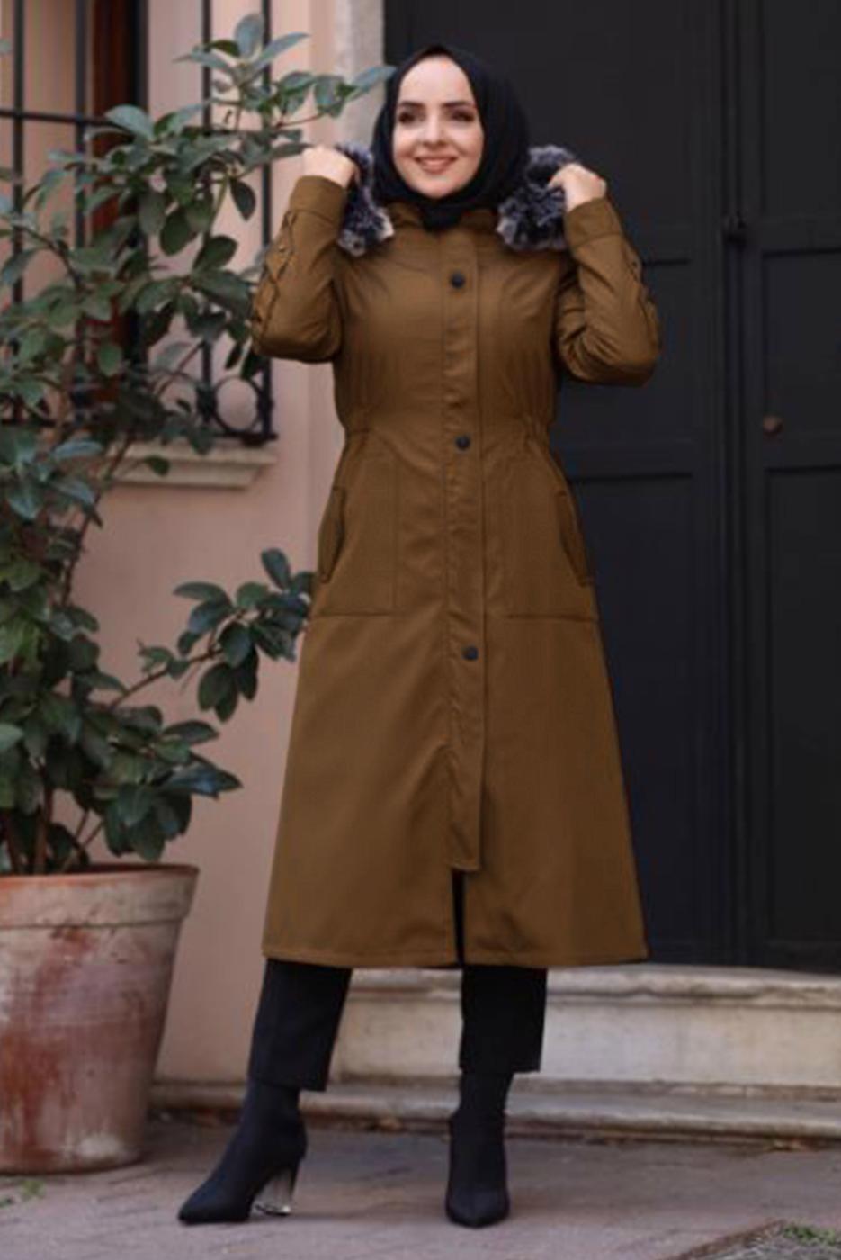 Tesettür giyim KAHVE FERMUARLI KAPÜŞONLU KABAN 0383 