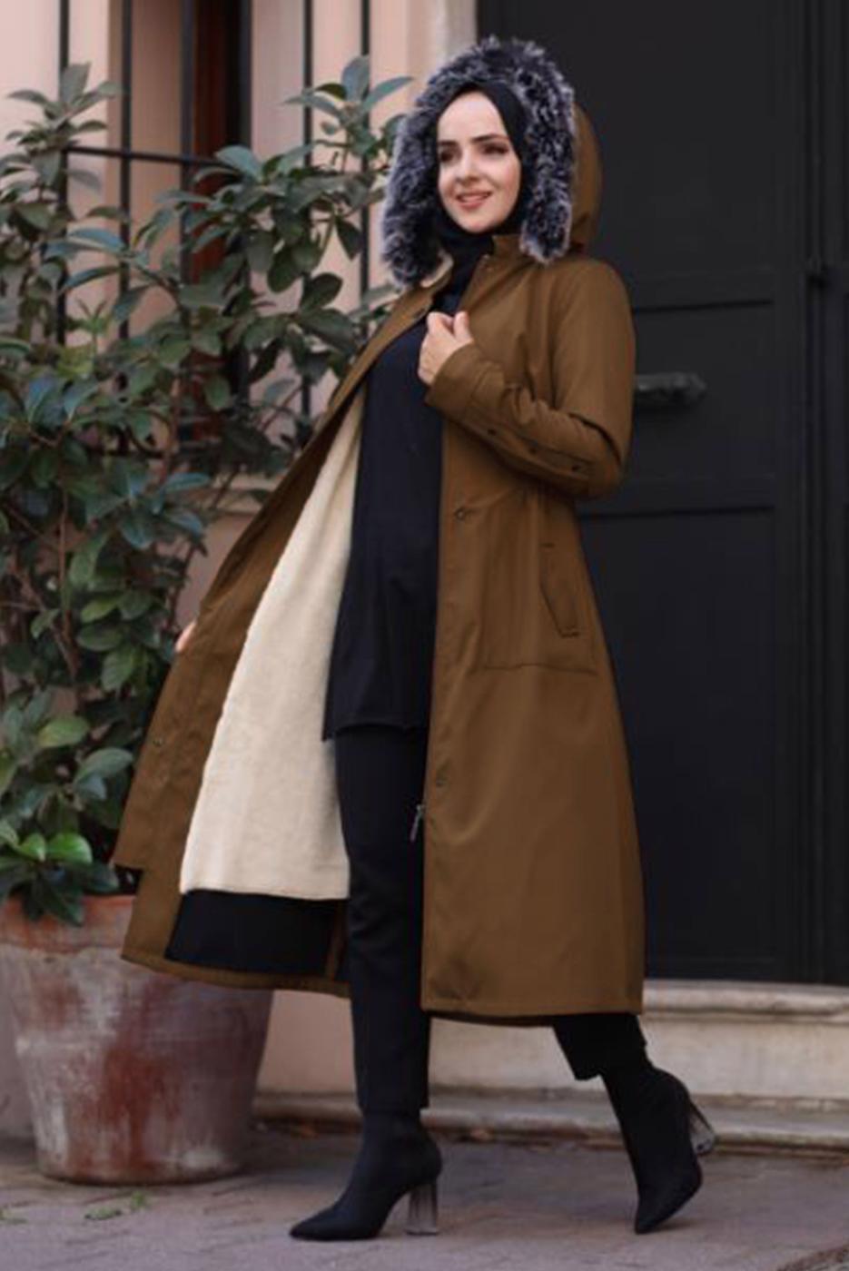 Tesettür giyim KAHVE FERMUARLI KAPÜŞONLU KABAN 0383 