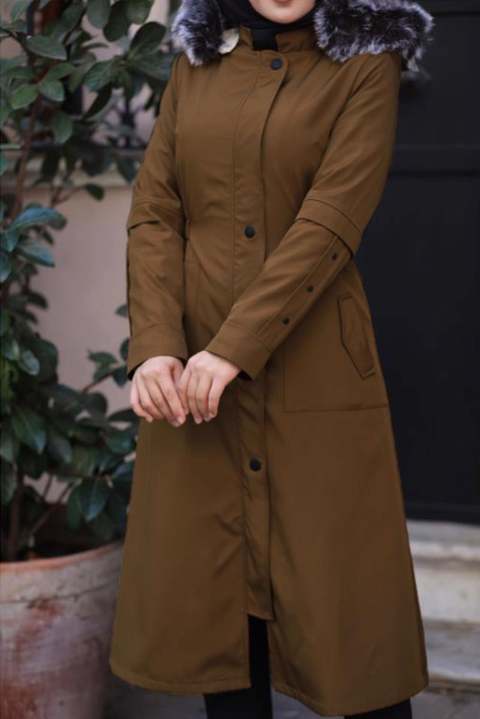 Tesettür giyim KAHVE FERMUARLI KAPÜŞONLU KABAN 0383 