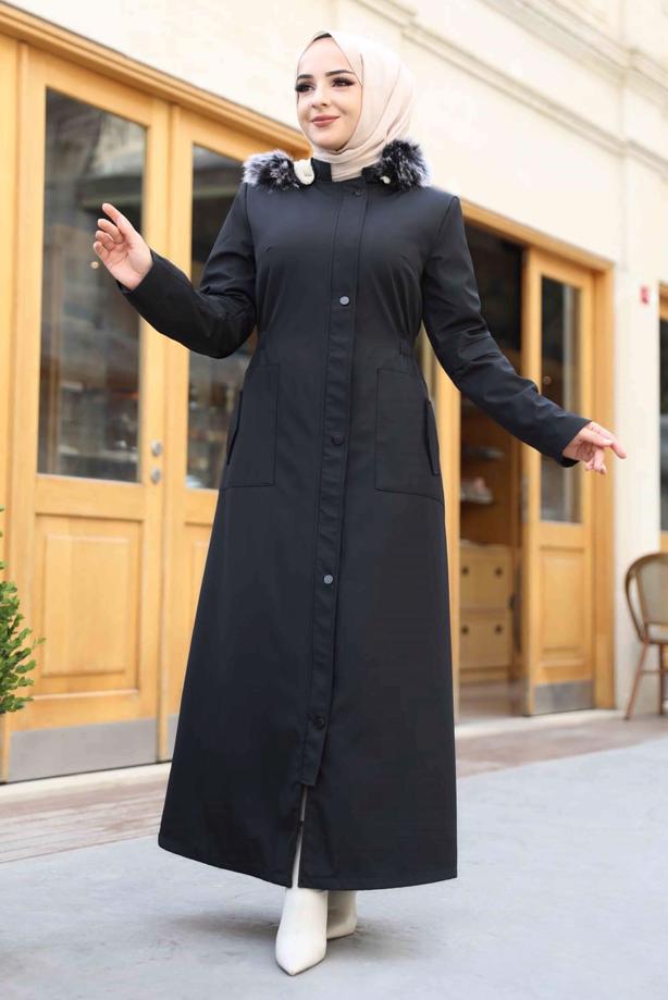 Tesettür giyim SİYAH KAPÜŞONLU TAM BOY MANTO T 0473 - TRENDTESETTÜR