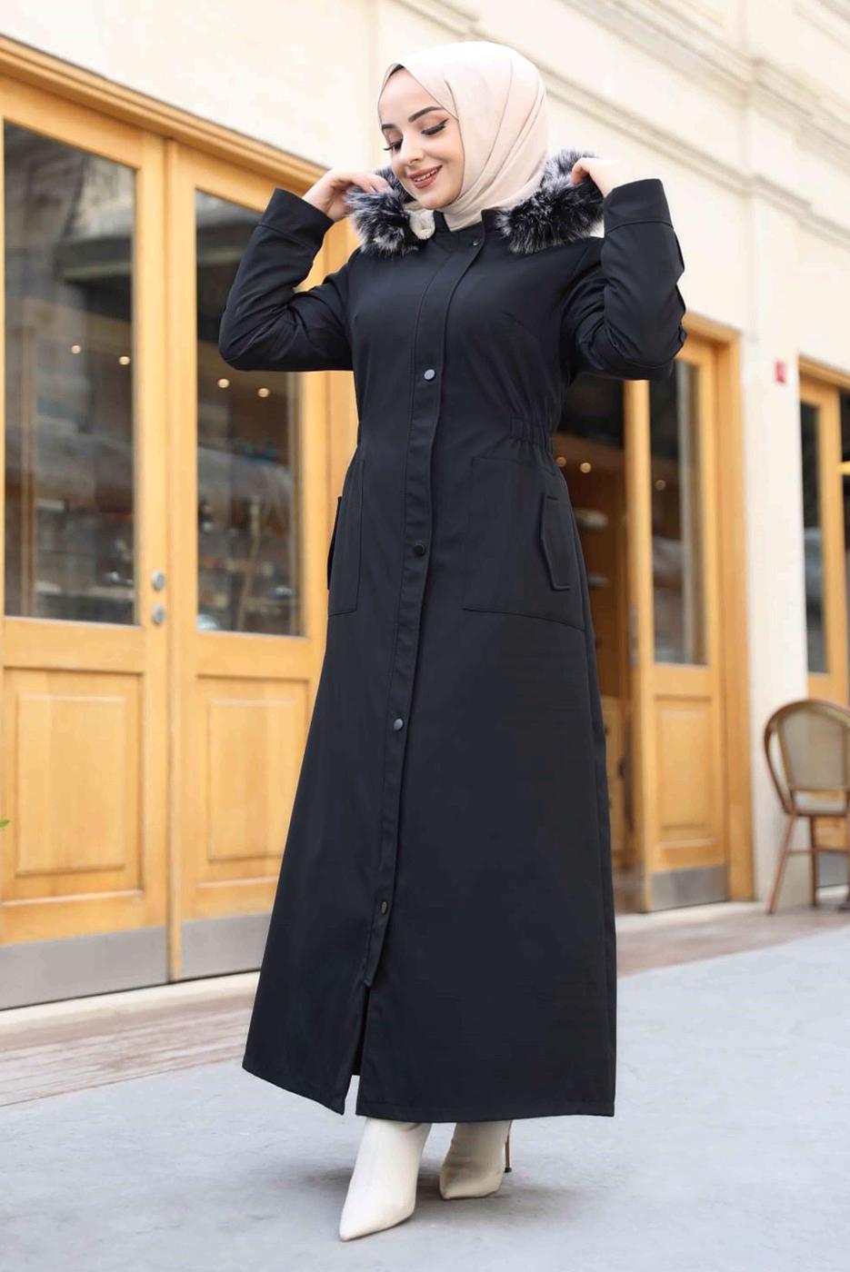 Tesettür giyim SİYAH KAPÜŞONLU TAM BOY MANTO T 0473
