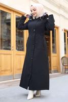 Tesettür giyim SİYAH KAPÜŞONLU TAM BOY MANTO T 0473