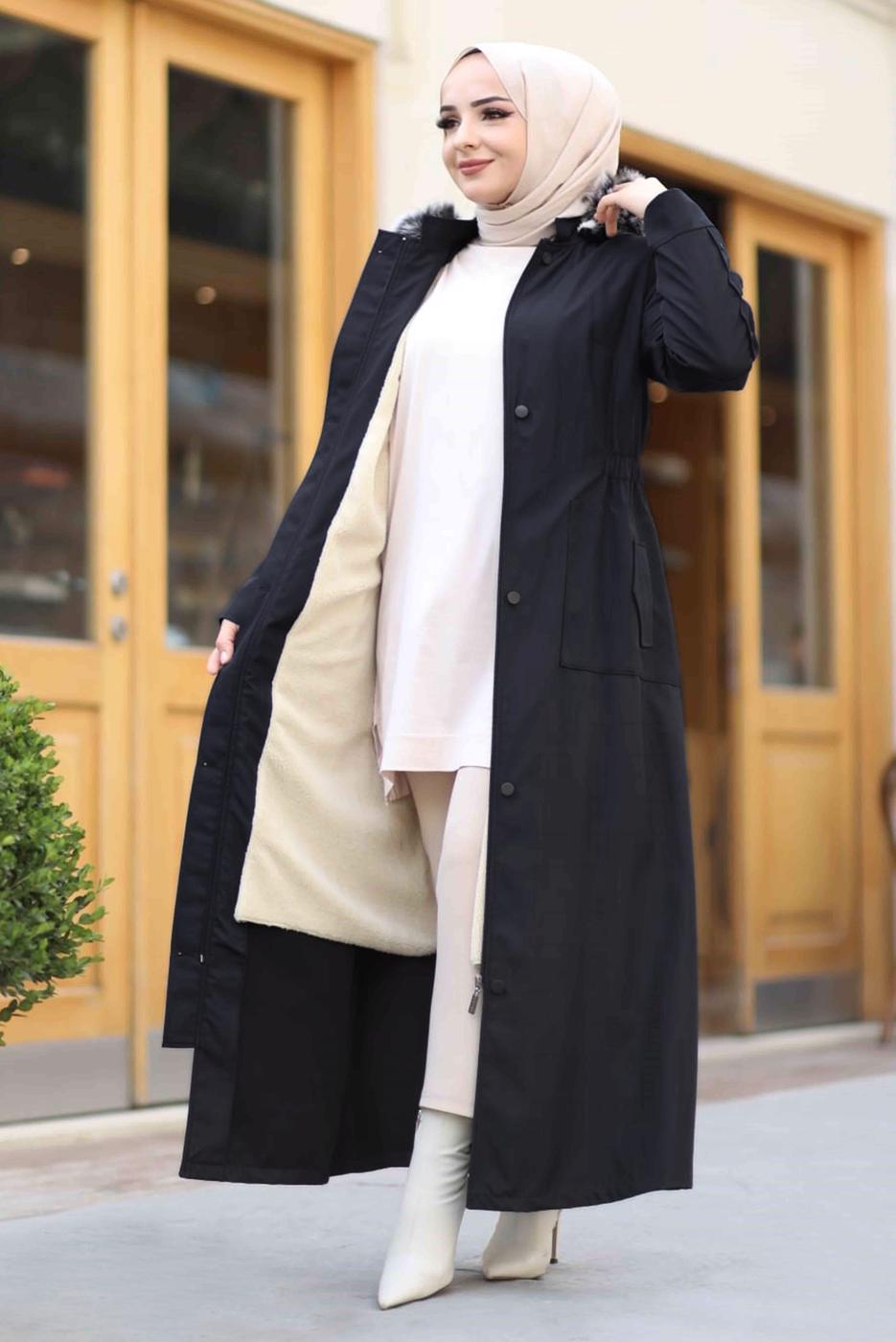 Tesettür giyim SİYAH KAPÜŞONLU TAM BOY MANTO T 0473