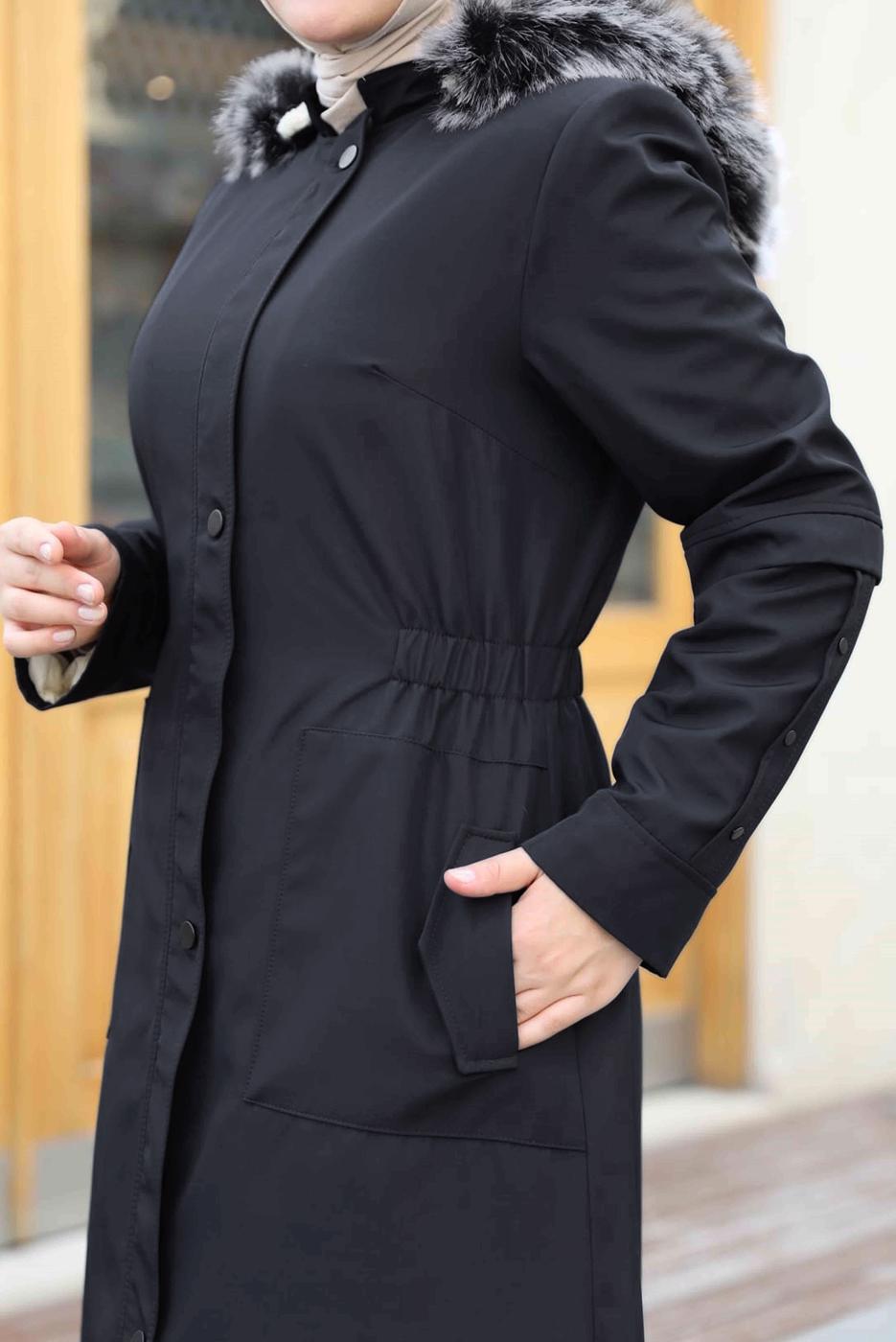 Tesettür giyim SİYAH KAPÜŞONLU TAM BOY MANTO T 0473