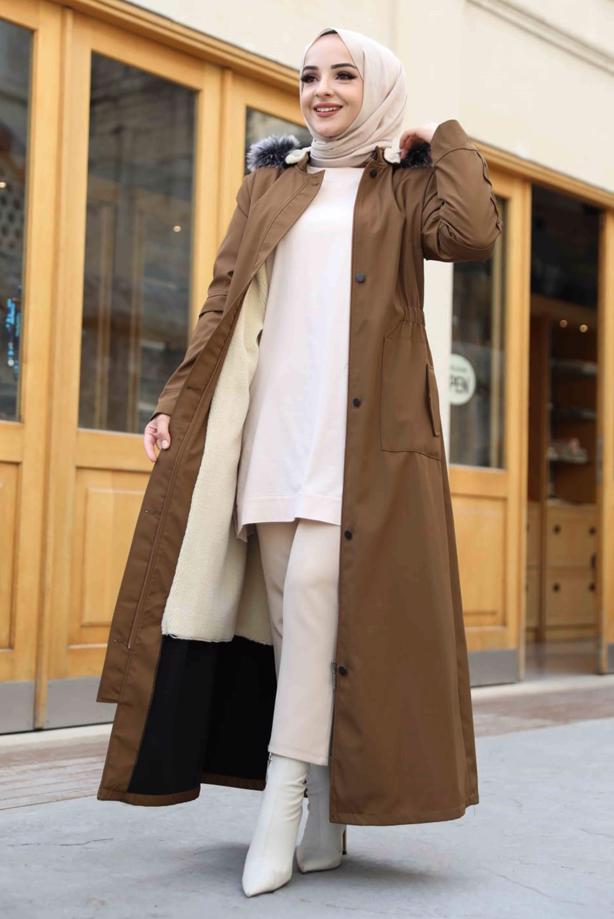 Tesettür giyim  KAPÜŞONLU TAM BOY MANTO T 0473 - TRENDTESETTÜR