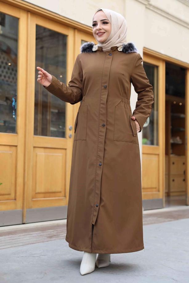 Tesettür giyim  KAPÜŞONLU TAM BOY MANTO T 0473 - TRENDTESETTÜR