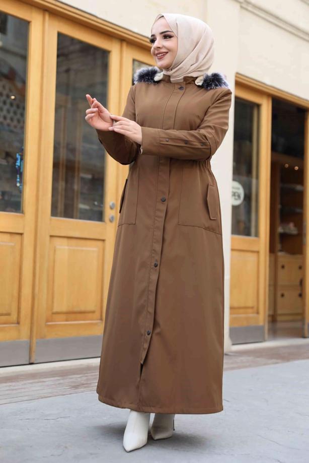 Tesettür giyim  KAPÜŞONLU TAM BOY MANTO T 0473 - TRENDTESETTÜR