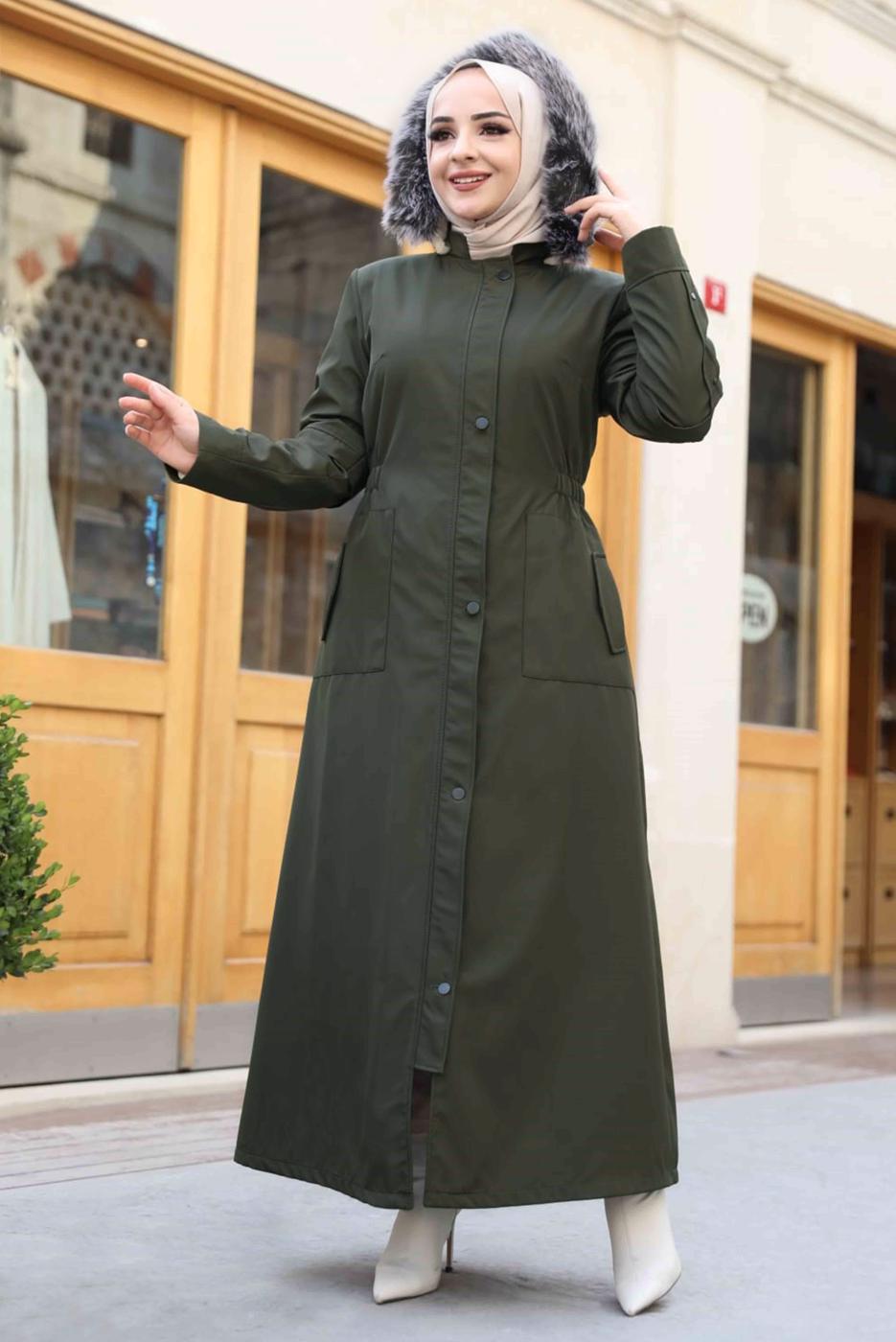 Tesettür giyim HAKİ KAPÜŞONLU TAM BOY MANTO T 0473