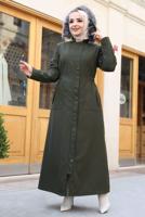 Tesettür giyim HAKİ KAPÜŞONLU TAM BOY MANTO T 0473