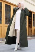 Tesettür giyim HAKİ KAPÜŞONLU TAM BOY MANTO T 0473
