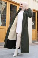 Tesettür giyim HAKİ KAPÜŞONLU TAM BOY MANTO T 0473