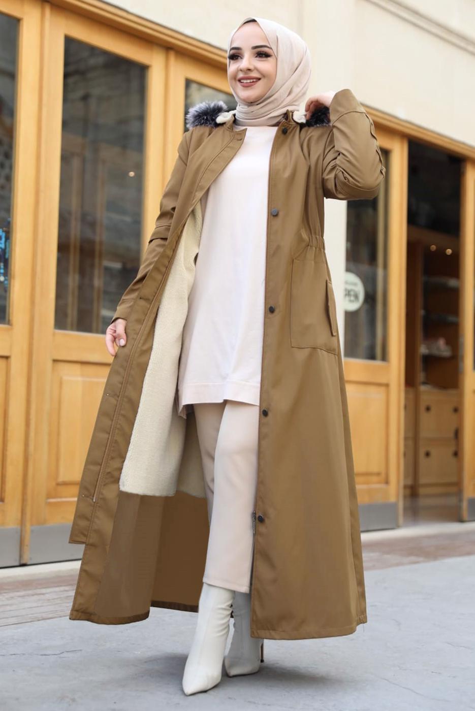 Hijab clothing BROWN HOODED LONG COAT T 0473