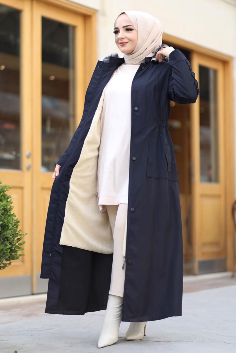 Tesettür giyim LACİVERT KAPÜŞONLU TAM BOY MANTO T 0473