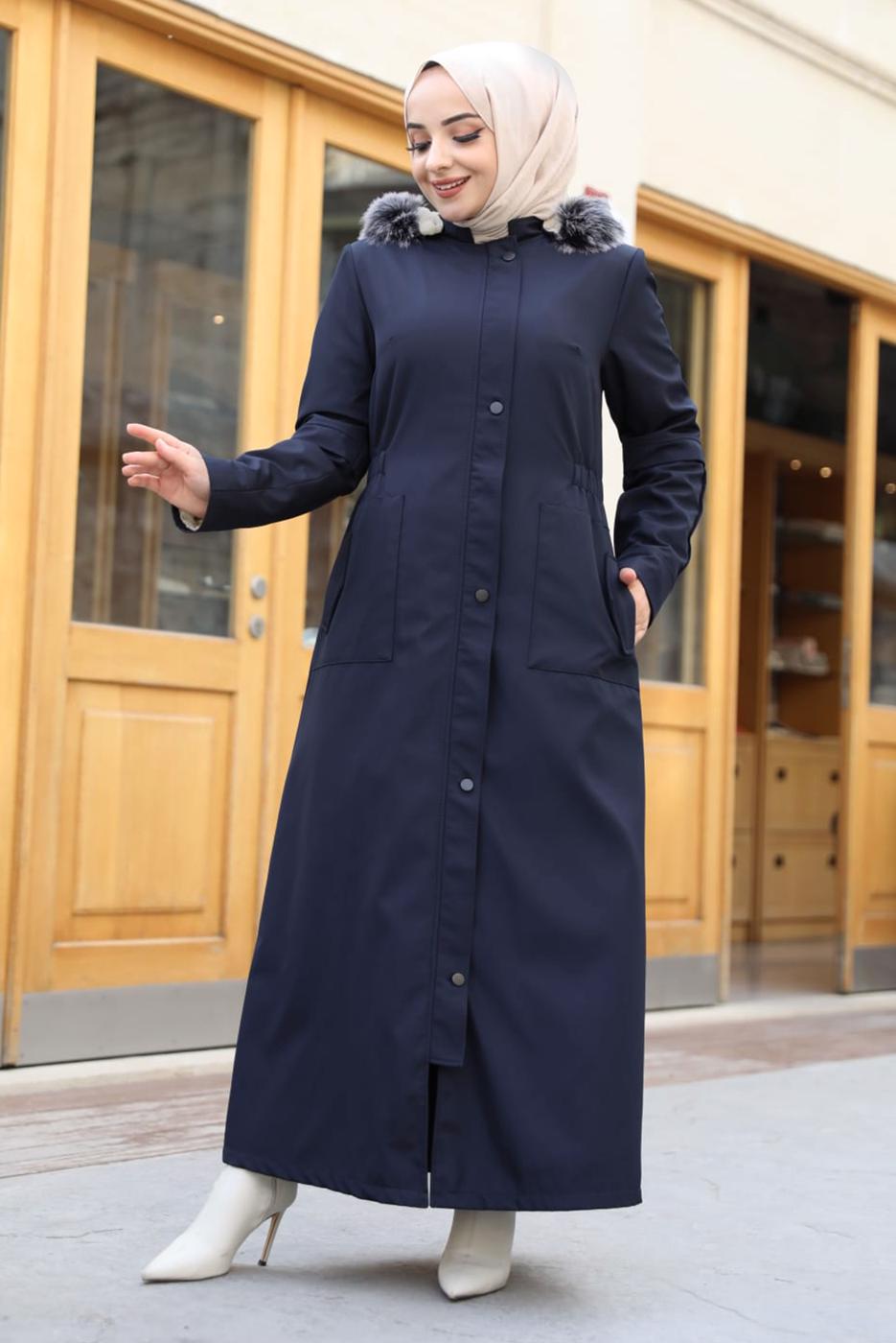 Tesettür giyim LACİVERT KAPÜŞONLU TAM BOY MANTO T 0473