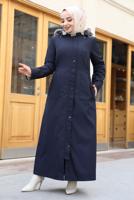 Tesettür giyim LACİVERT KAPÜŞONLU TAM BOY MANTO T 0473