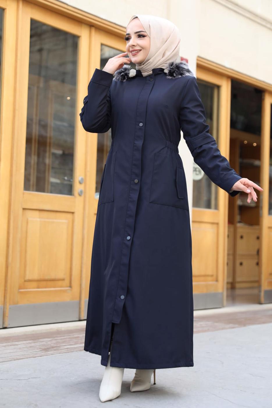 Tesettür giyim LACİVERT KAPÜŞONLU TAM BOY MANTO T 0473