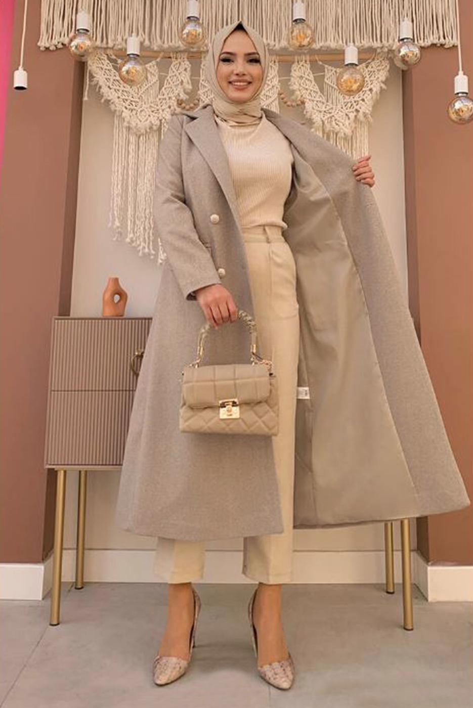 Tesettür giyim VİZON KRUVAZE YAKA DÜĞMELİ KABAN 0677 