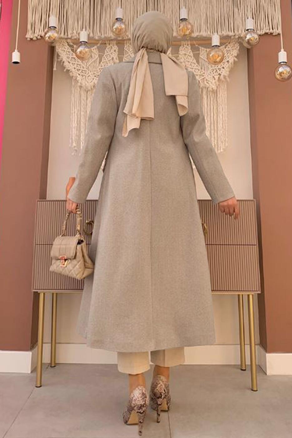 Tesettür giyim VİZON KRUVAZE YAKA DÜĞMELİ KABAN 0677 