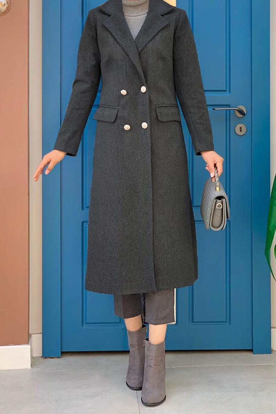 Tesettür giyim GRİ KRUVAZE YAKA DÜĞMELİ KABAN 0677 