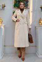 Tesettür giyim BEJ KRUVAZE YAKA DÜĞMELİ KABAN 0677 