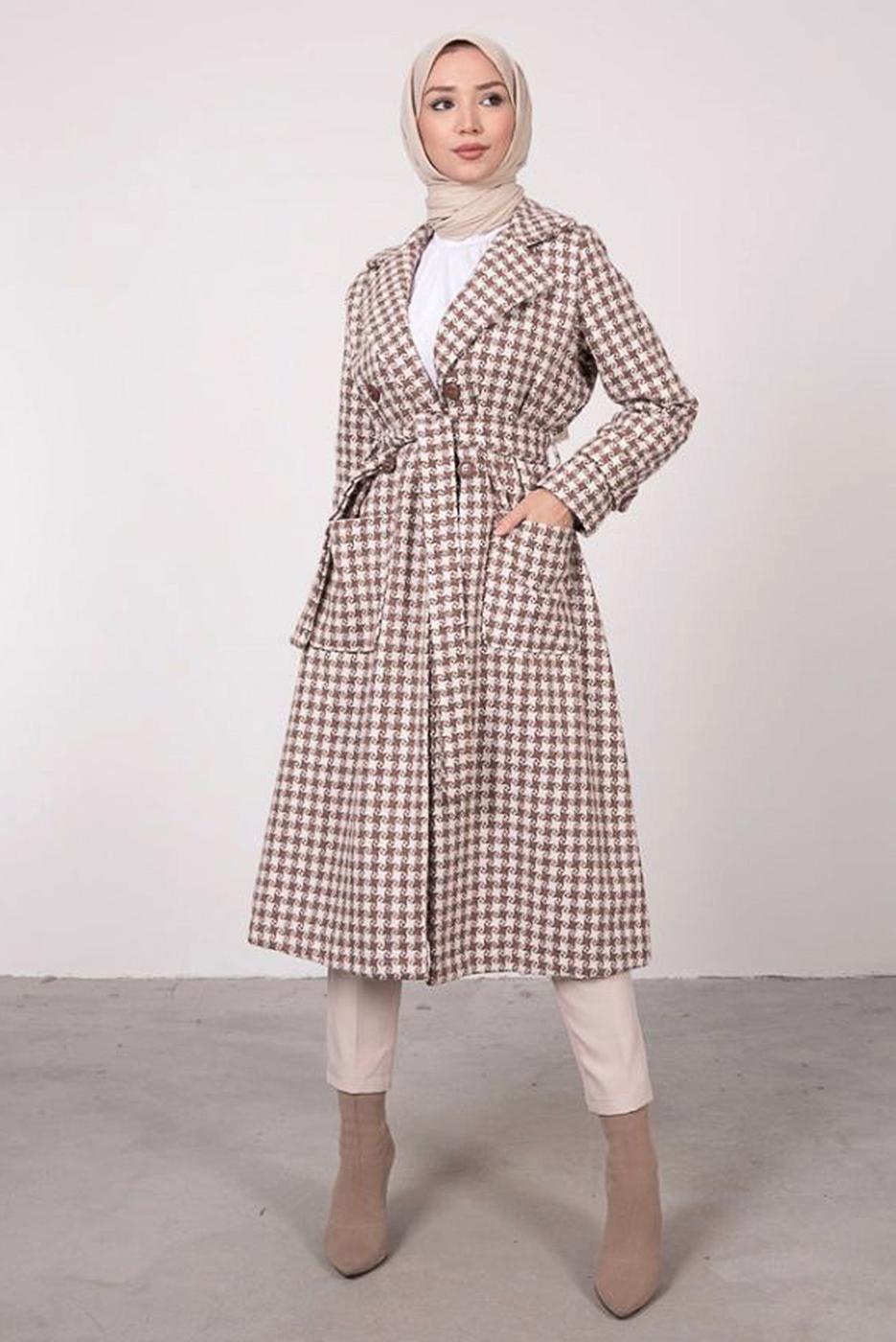Tesettür giyim TABA KAZAYAĞI DESENLİ KUŞAKLI KABAN 1185	