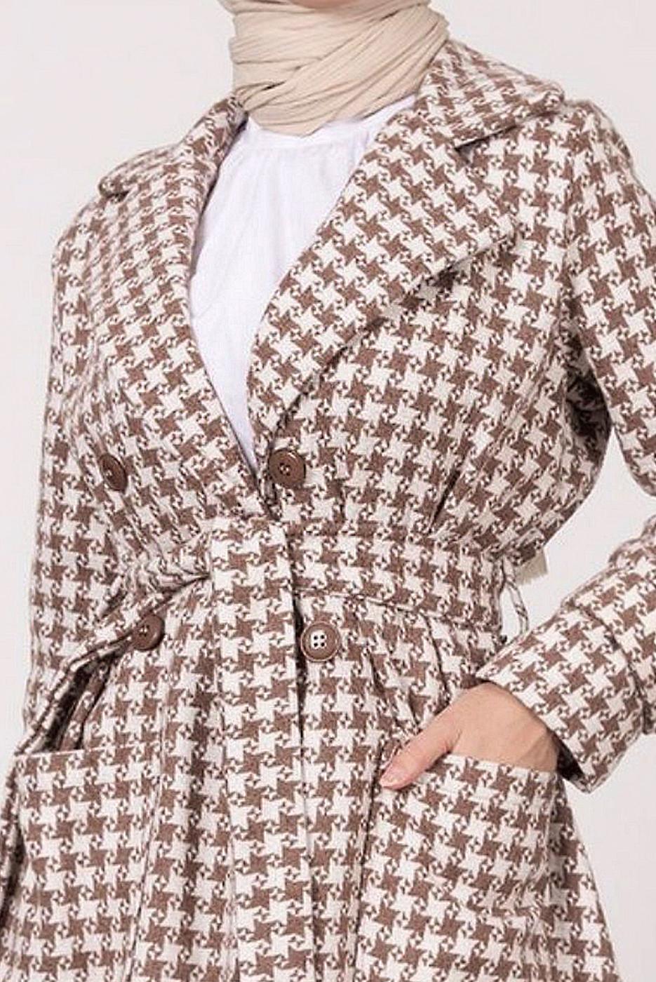 Tesettür giyim TABA KAZAYAĞI DESENLİ KUŞAKLI KABAN 1185	