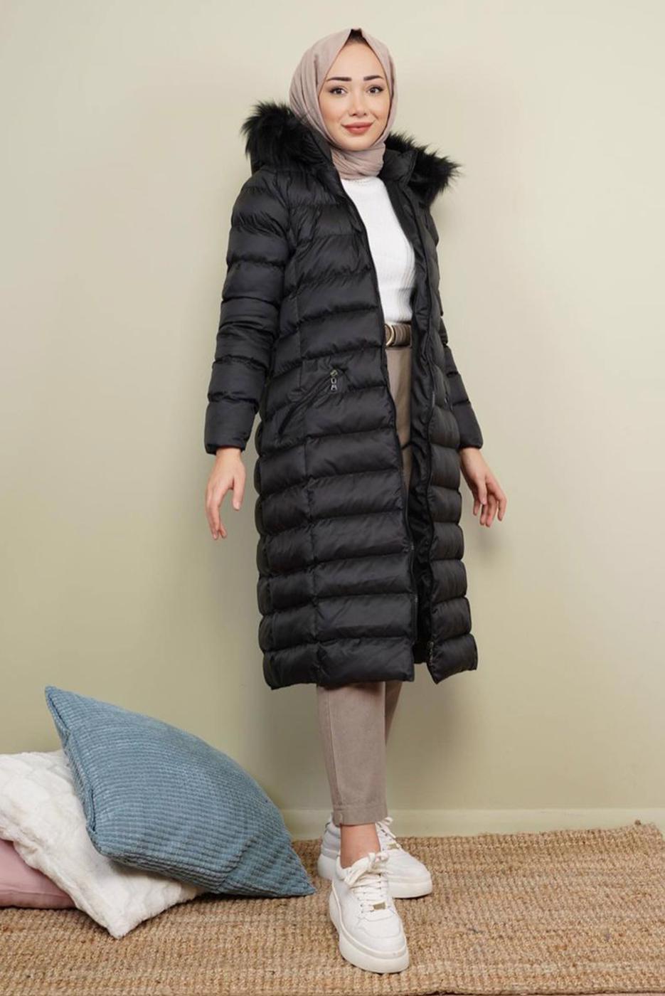 Hijab clothing BLACK FURRY HOODED PUFFER COAT 1449 