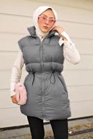 Tesettür giyim GRİ BELİ BÜZGÜLÜ KISA ŞİŞME YELEK 1455 