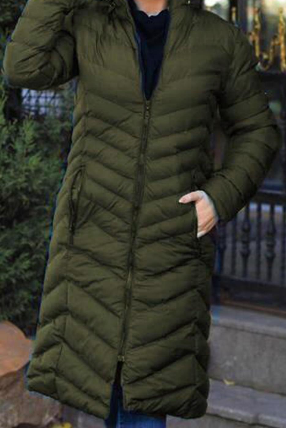 Tesettür giyim YEŞİL KAPÜŞONU KÜRKLÜ ŞİŞME KABAN 1539	