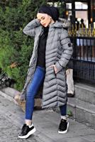 Tesettür giyim GRİ KAPÜŞONU KÜRKLÜ ŞİŞME KABAN 1539	