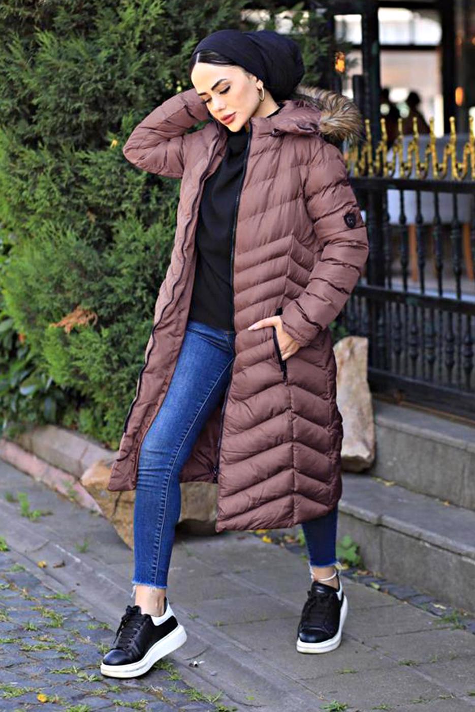 Tesettür giyim VİZON KAPÜŞONU KÜRKLÜ ŞİŞME KABAN 1539	