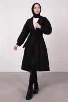 Tesettür giyim SİYAH DÜĞMELİ KUŞAKLI KABAN 2085 