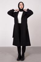 Tesettür giyim SİYAH DÜĞMELİ KUŞAKLI KABAN 2085 