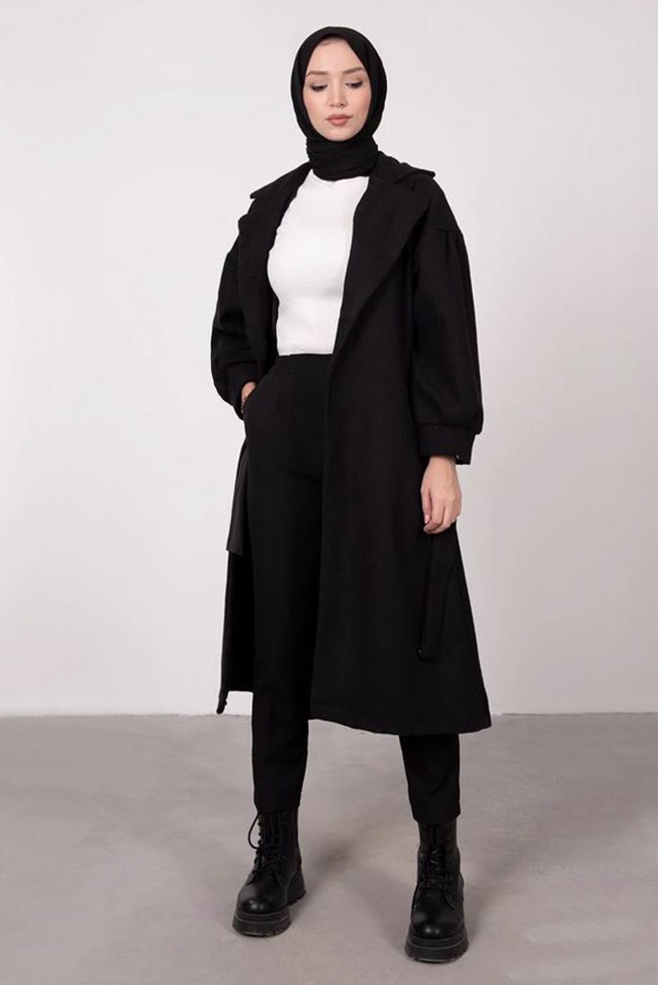 Tesettür giyim SİYAH DÜĞMELİ KUŞAKLI KABAN 2085 